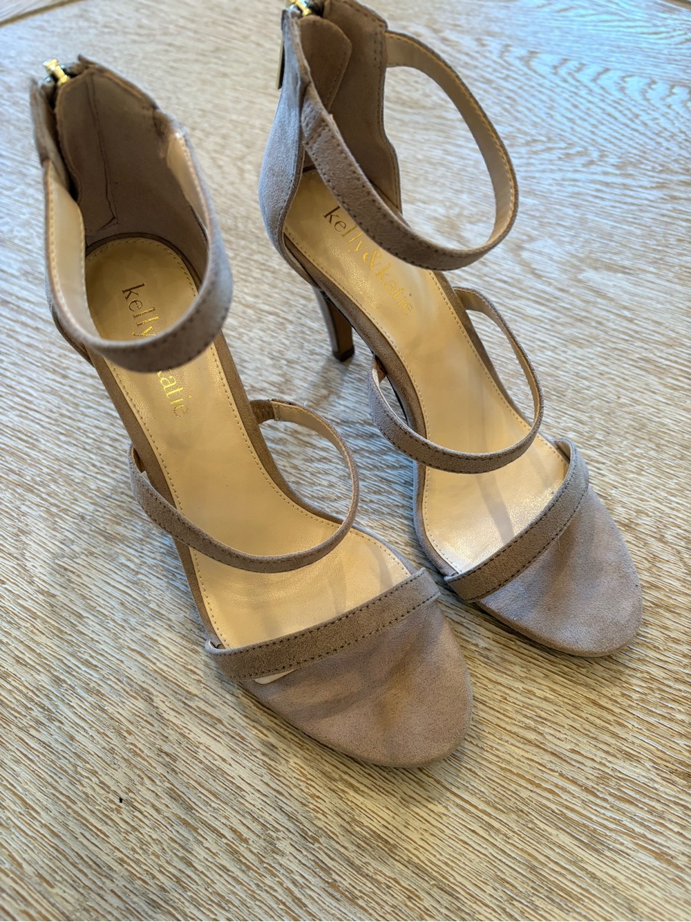Kelly & Katie Taupe Suede Back-Zip Heeled Sandals with Gold Zipper